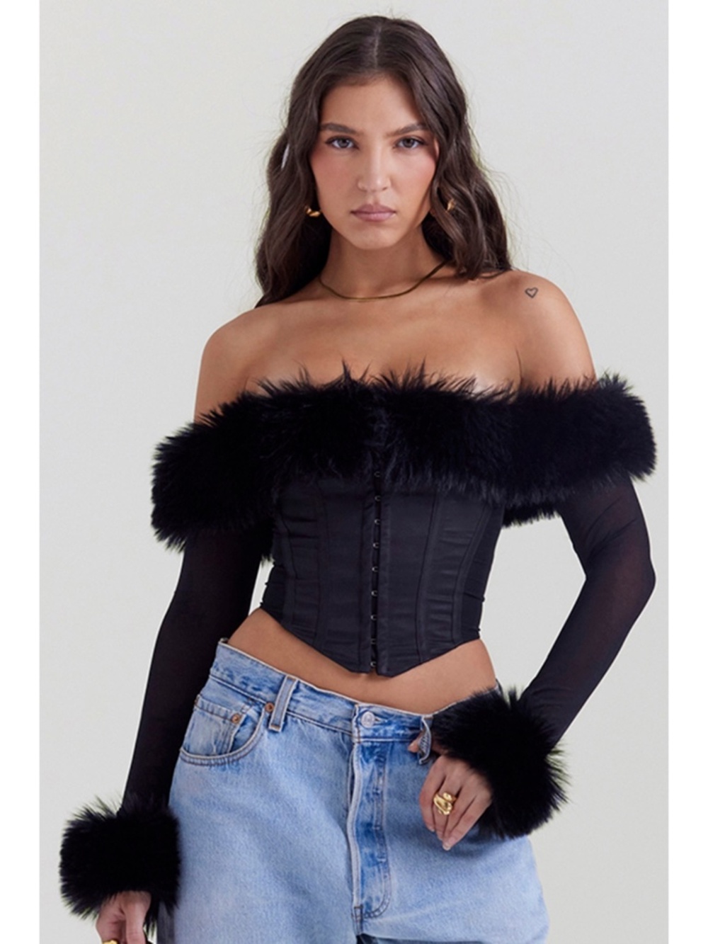 NEW House of CB Merle Faux Fur Trim Top Black XS
